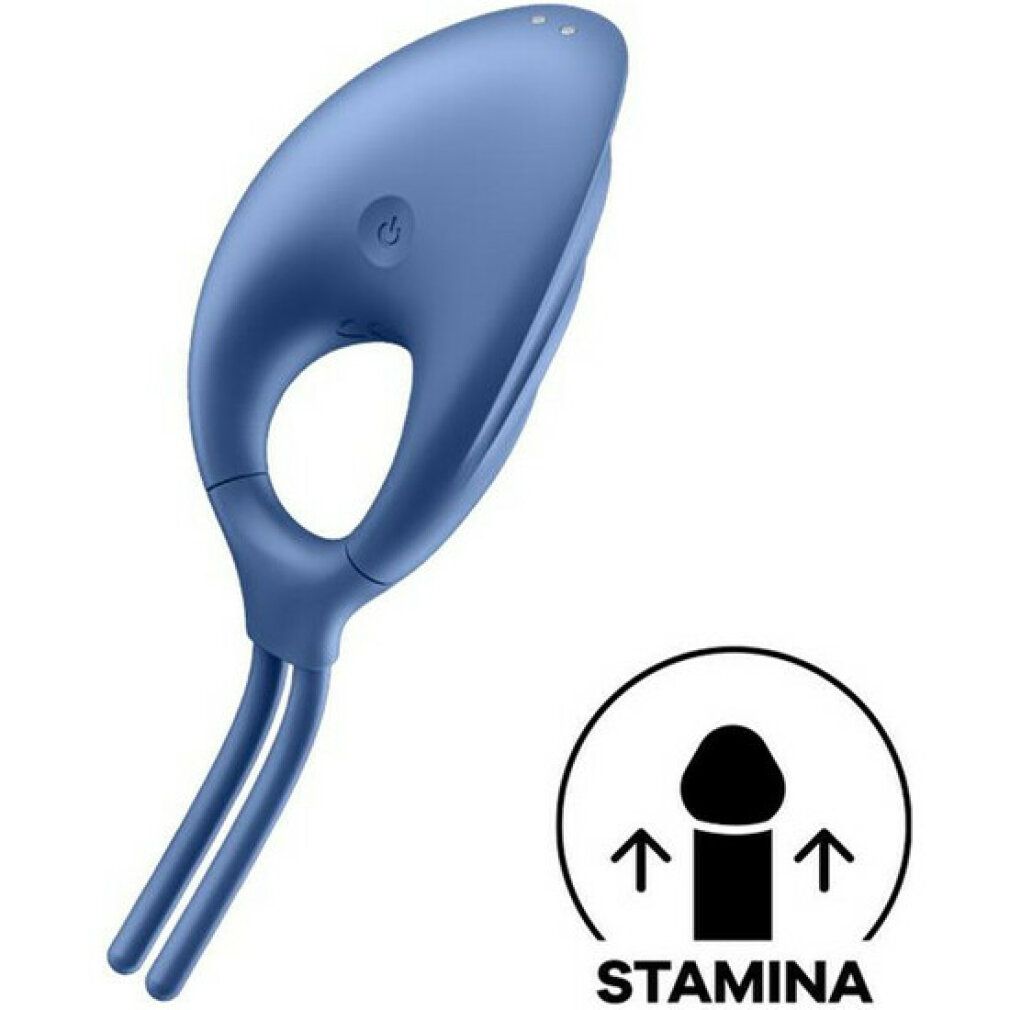 Blaues Wellness-Produkt mit ovaler Form, Knopf, zwei Stäben und Symbol 'Stamina'.