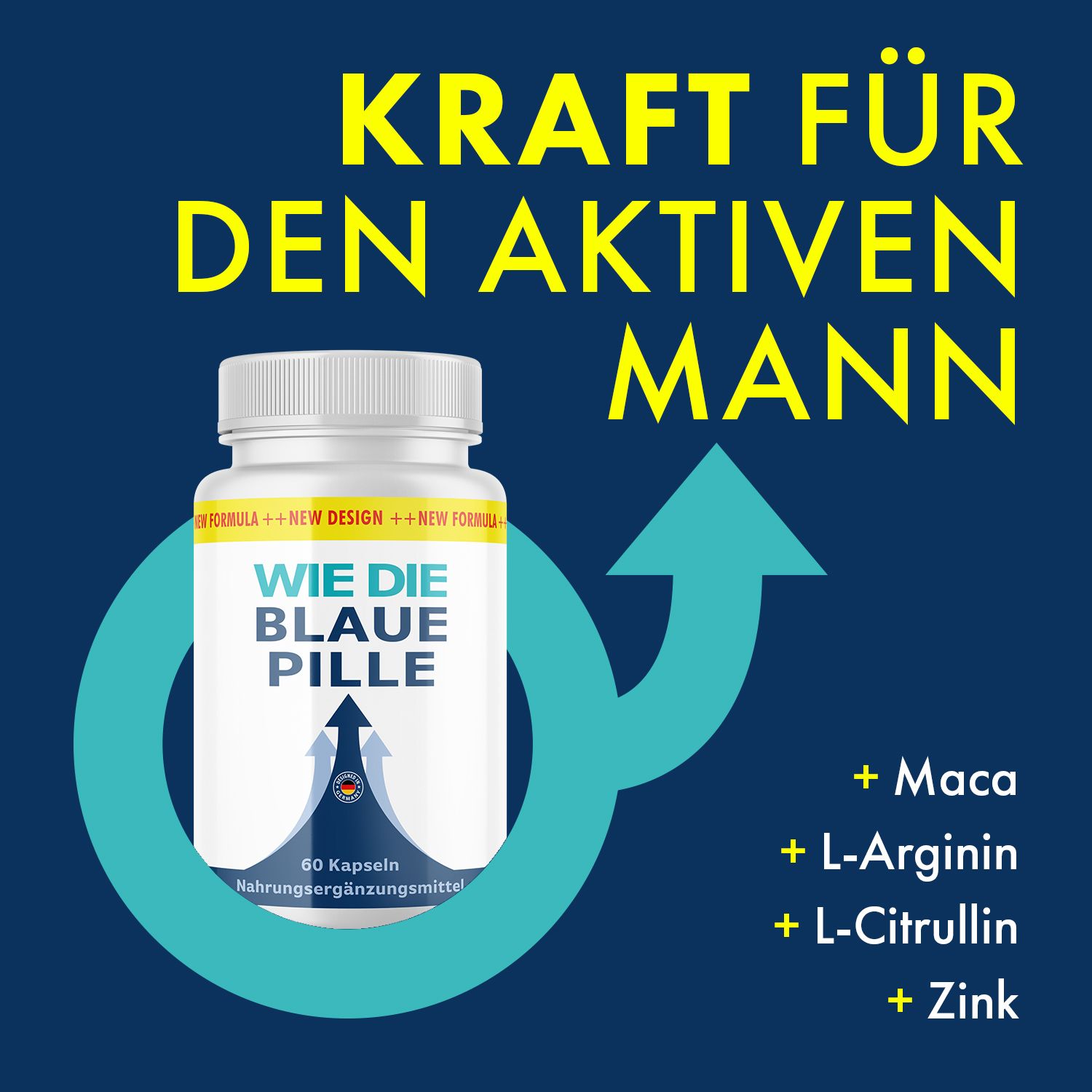 Blaue Grafik mit Flasche. Text: Kraft für den aktiven Mann. Inhaltsstoffe: Maca, L-Arginin, L-Citrullin, Zink.