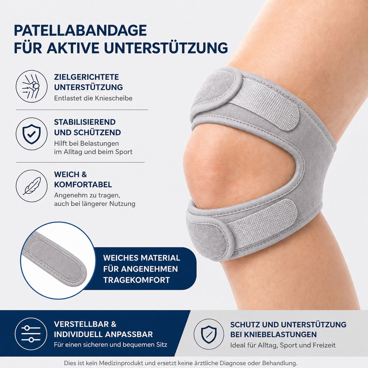 Graue Kniebandage am Knie einer Person. Text: Patellabandage für aktive Unterstützung, zielgerichtete Unterstützung, stabilisierend, weich & komfortabel.