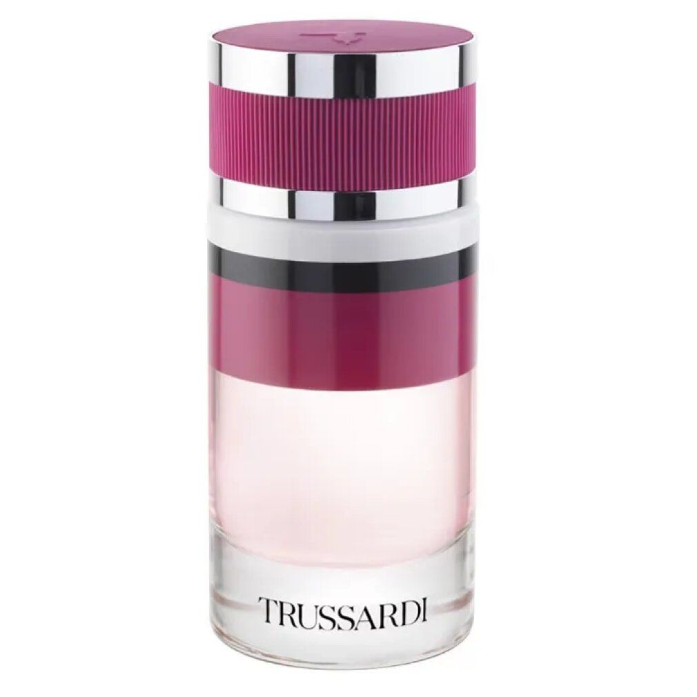 Zylindrische Flasche. Rosa Flüssigkeit, rosa Deckel, silberne Akzente. Text: TRUSSARDI.