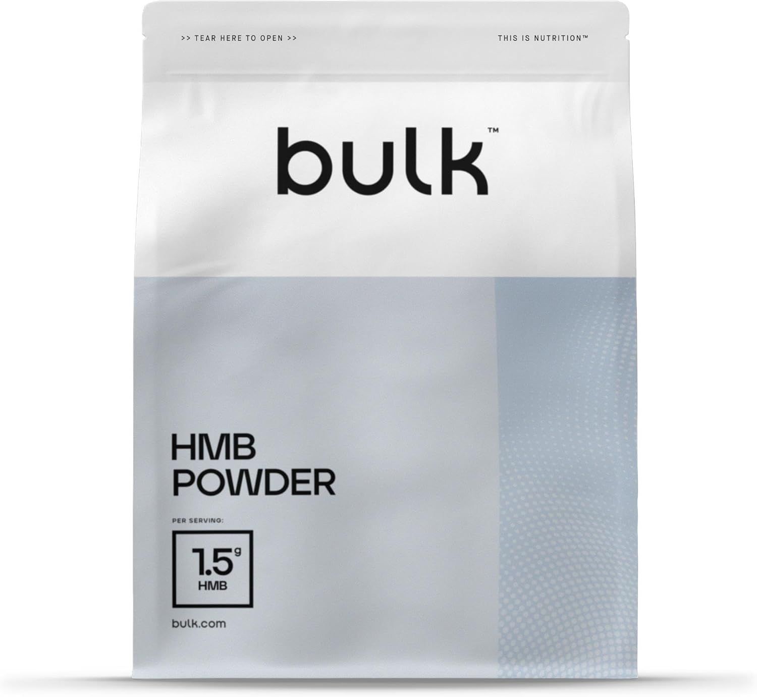 Beutel mit "bulk"-Logo und "HMB Powder"-Aufdruck. 1,5g HMB pro Portion. Weiß-graue Verpackung.