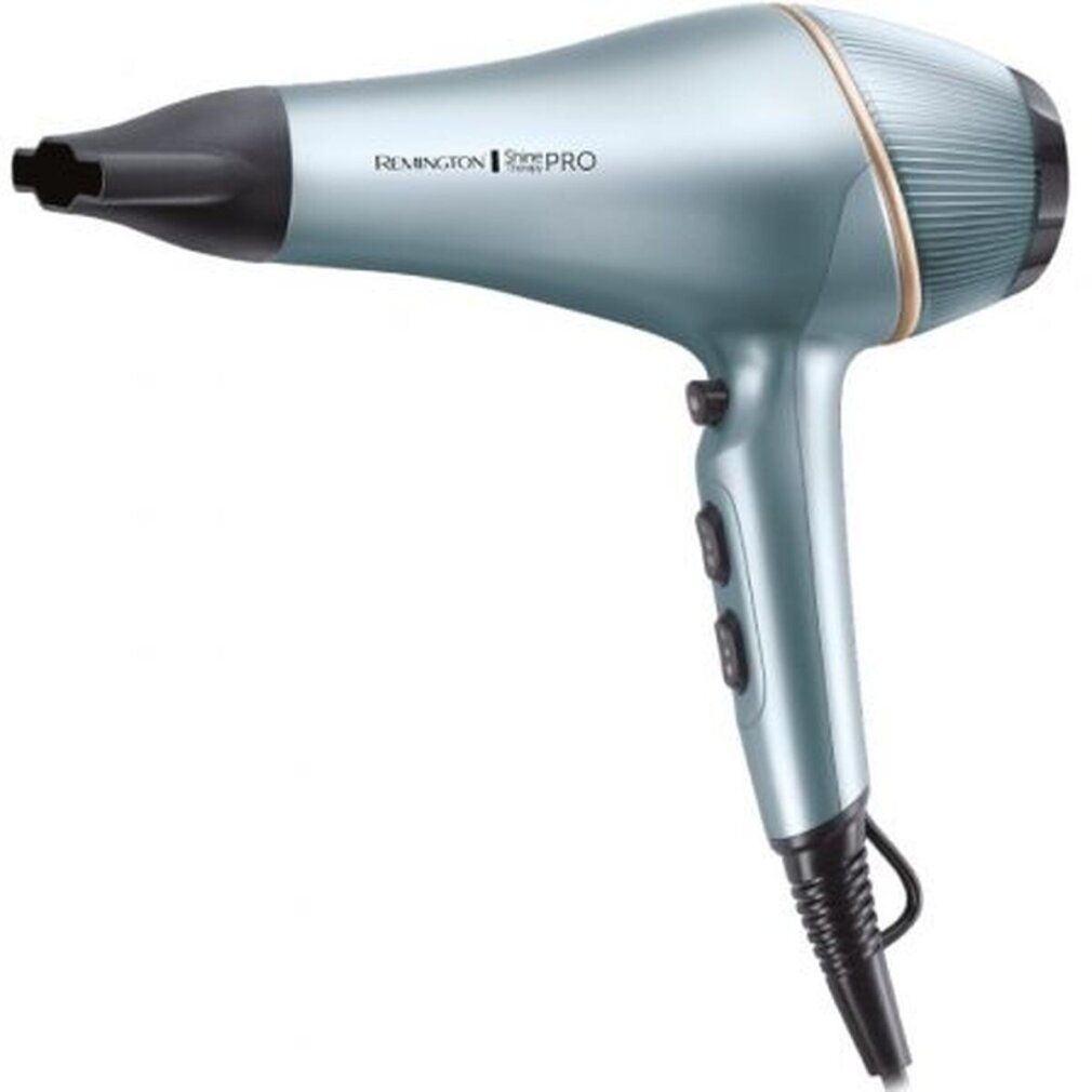 Blau-metallischer Haartrockner mit schwarzem Kabel. Marke Remington Shine Therapy PRO.