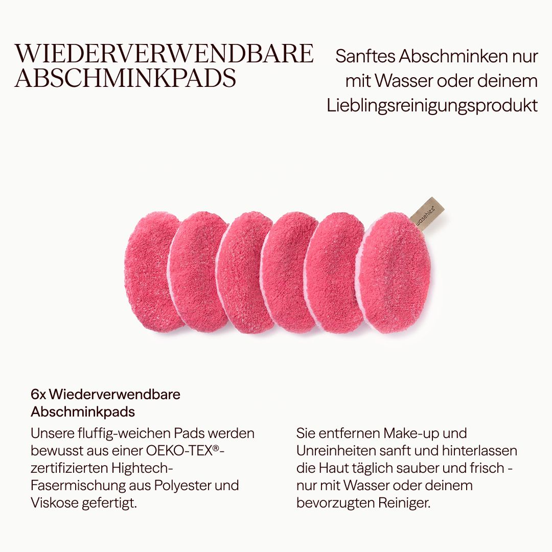 6 rosa Abschminkpads. Text: Wiederverwendbare Abschminkpads. OEKO-TEX® zertifiziert. Entfernen Make-up. Nur mit Wasser oder Reiniger.