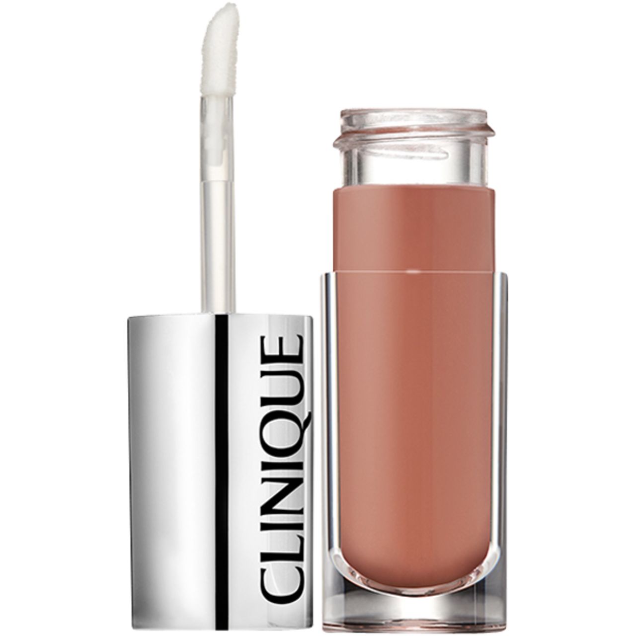 Offener Lipgloss-Behälter mit Applikator. Der Deckel ist silberfarben, mit "CLINIQUE" Schriftzug.