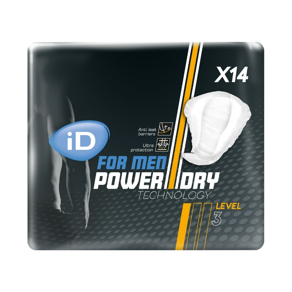 iD For Men Level 3. Schwarze Verpackung mit Produktabbildung. Text: Power Dry Technology, Anti-Leak Barriers, Level 3, X14.
