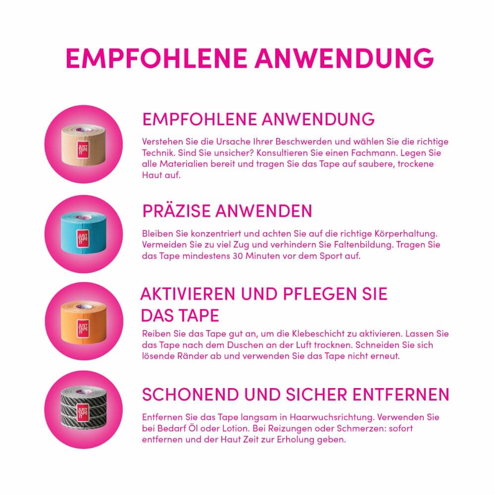 Rolle mit schwarzem Kinesiotape mit einem roten Etikett, auf dem 'JUST TAPE IT' steht.
