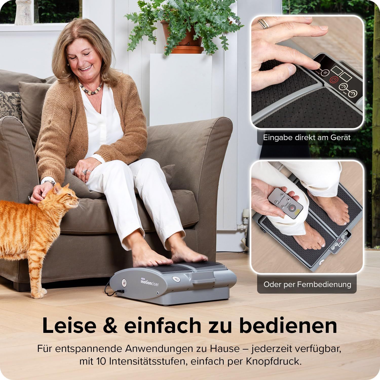 Graues Fußmassagegerät. Frau sitzt auf Sofa, Katze daneben. Bedienung direkt am Gerät oder per Fernbedienung.
