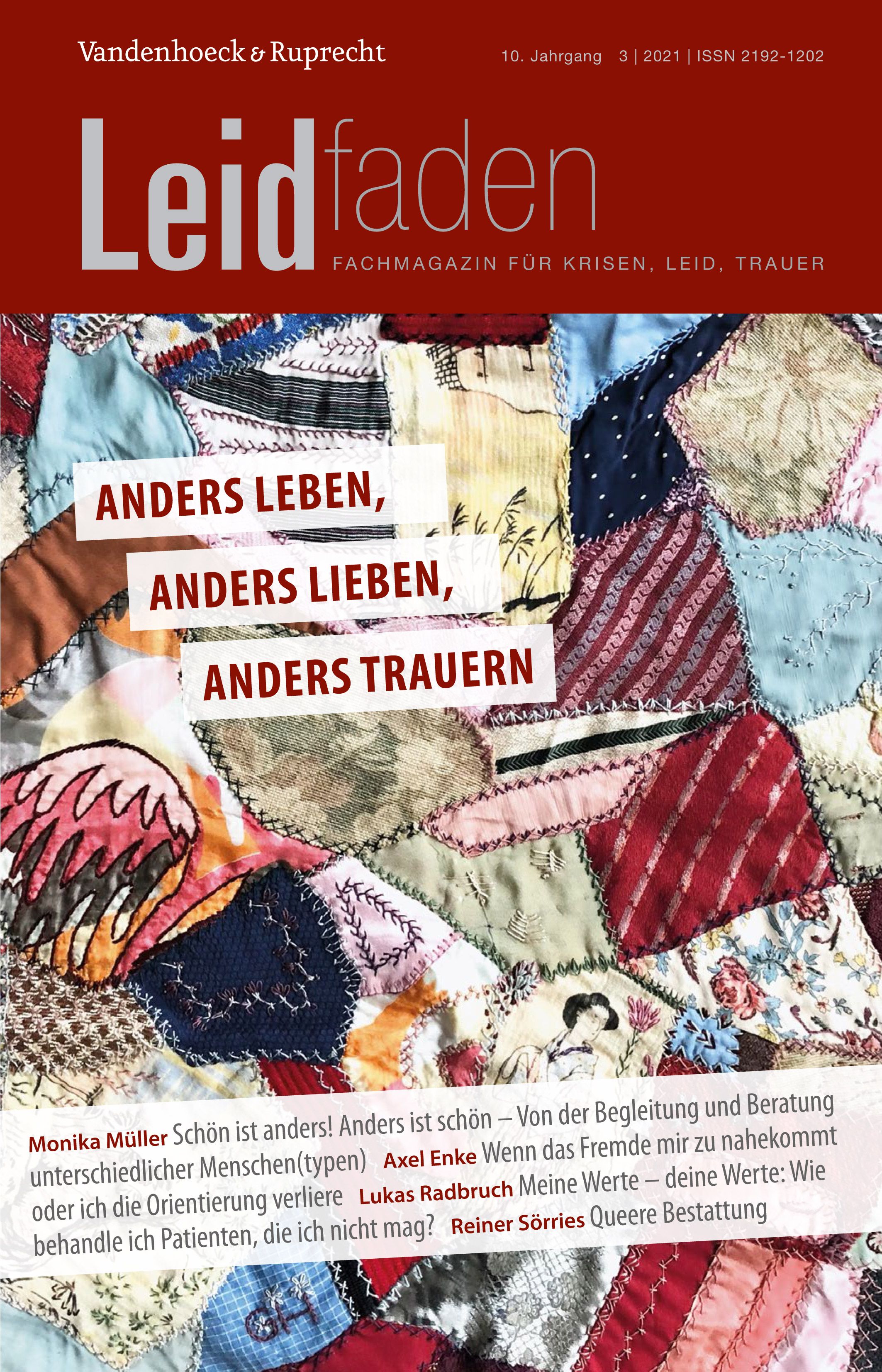 Zeitschrift "Leidfaden" mit den Titeln "Anders leben, anders lieben, anders trauern" auf einem Patchwork-Hintergrund.