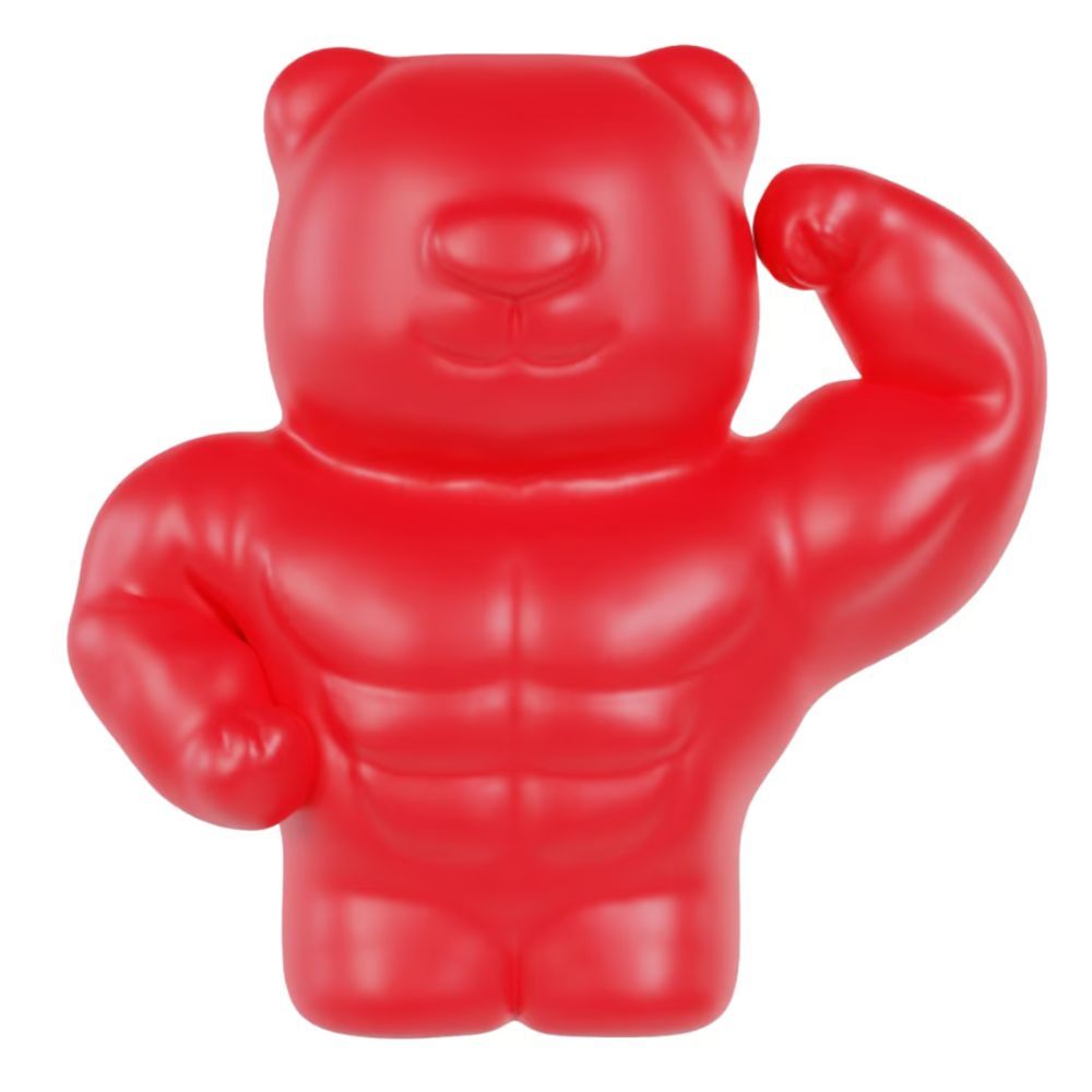 Rotes Gummibärchen in Bärenform mit muskulösen Armen. Keine Verpackung oder Text sichtbar.