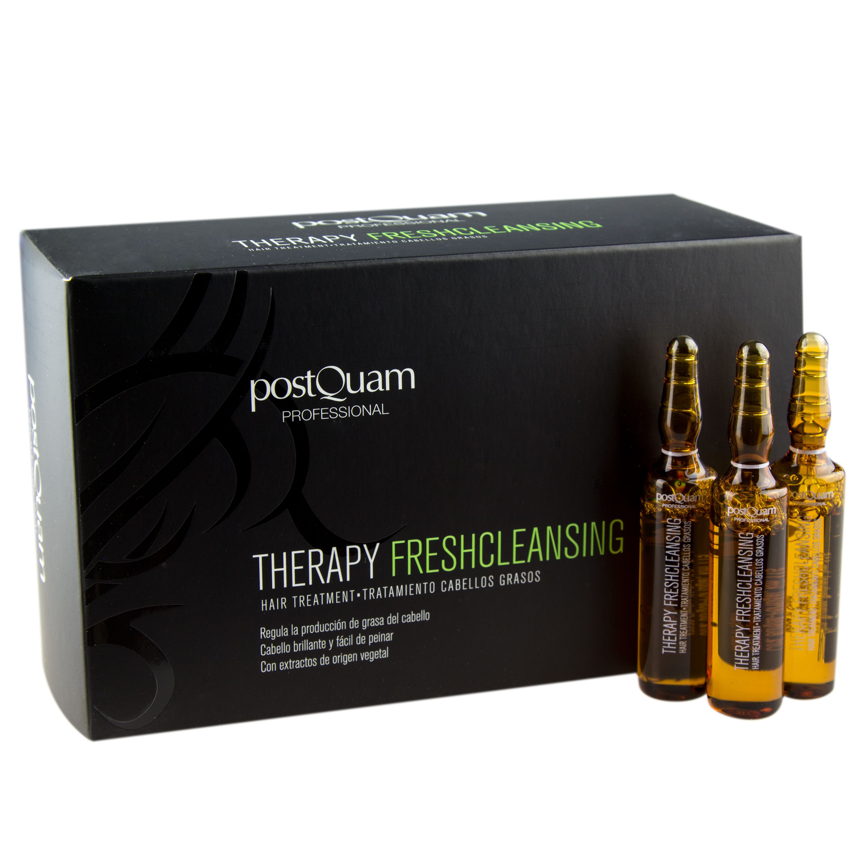 Schwarze Verpackung mit Produktnamen und Ampullen. Drei Ampullen stehen daneben. Aufschrift: Therapy Fresh Cleansing.