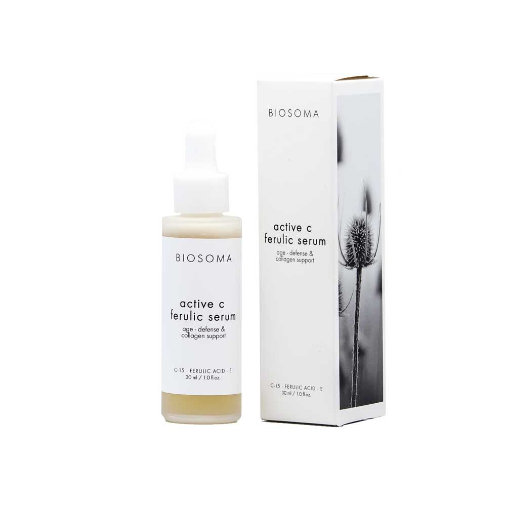 Serumflasche und Verpackung. Aufschrift: BIOSOMA, active c ferulic serum. Verpackung mit floralem Motiv.