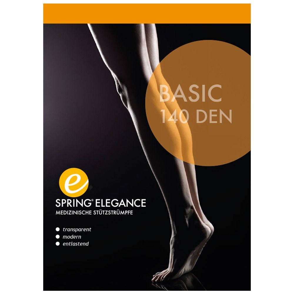 Beine, die Strümpfe tragen. Text: SPRING® ELEGANCE, BASIC 140 DEN. Eigenschaften: transparent, modern, entlastend. Logo.