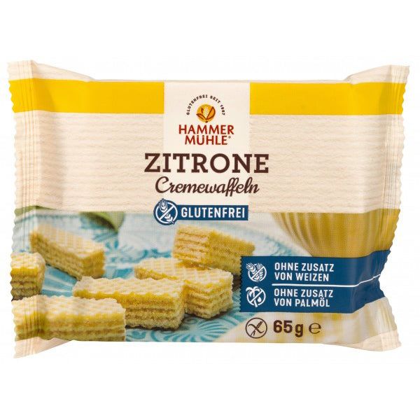 Verpackung mit glutenfreien Cremewaffeln Zitrone von Hammermühle. Aufschrift: Ohne Zusatz von Weizen, ohne Palmöl. Gewicht: 65g.