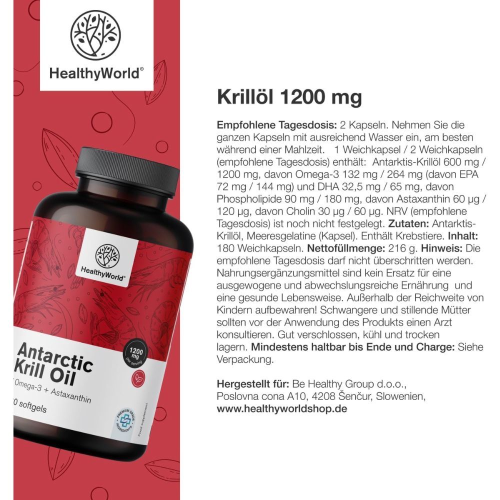 Text mit Informationen zu Krillöl 1200 mg. Empfohlene Tagesdosis, Inhaltsstoffe, Nettomenge, Hinweise.