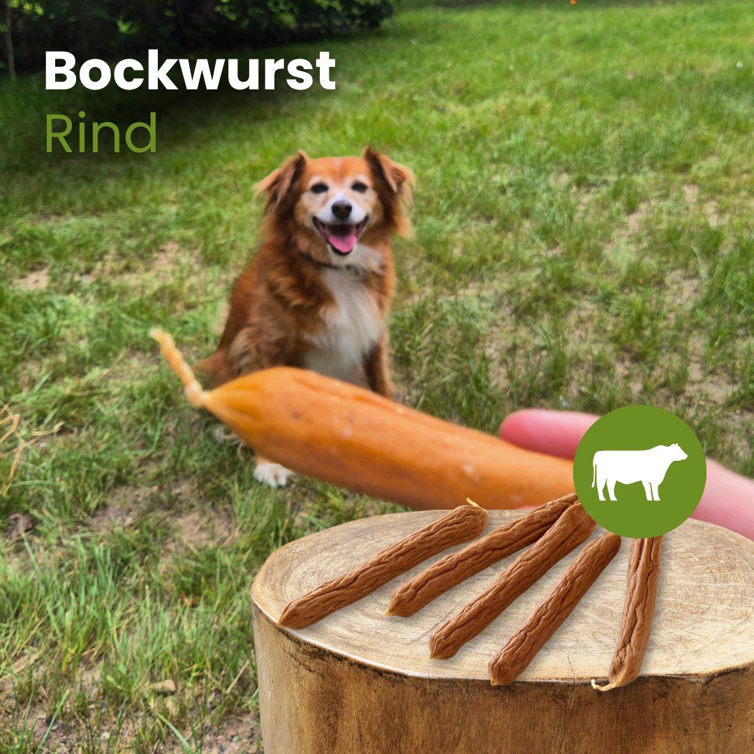 Hund kaut auf einem großen Rinder-Bockwurst-Kauartikel im Freien, daneben liegen mehrere kleinere.