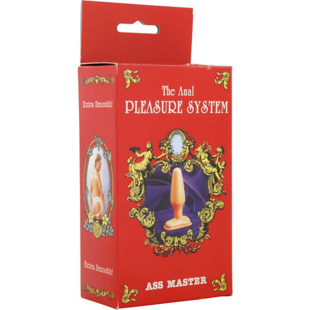 Rote Verpackung mit Produktname und Abbildung. Aufschrift: The Anal Pleasure System, Ass Master. Produktabbildung.