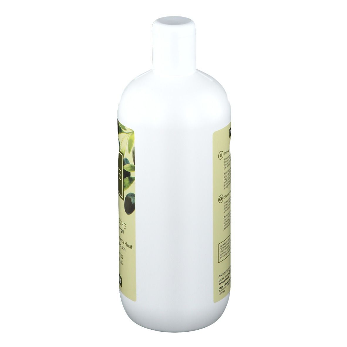 Weiße Flasche mit Etikett. Aufschrift in Deutsch und Englisch. Produktname nicht sichtbar.