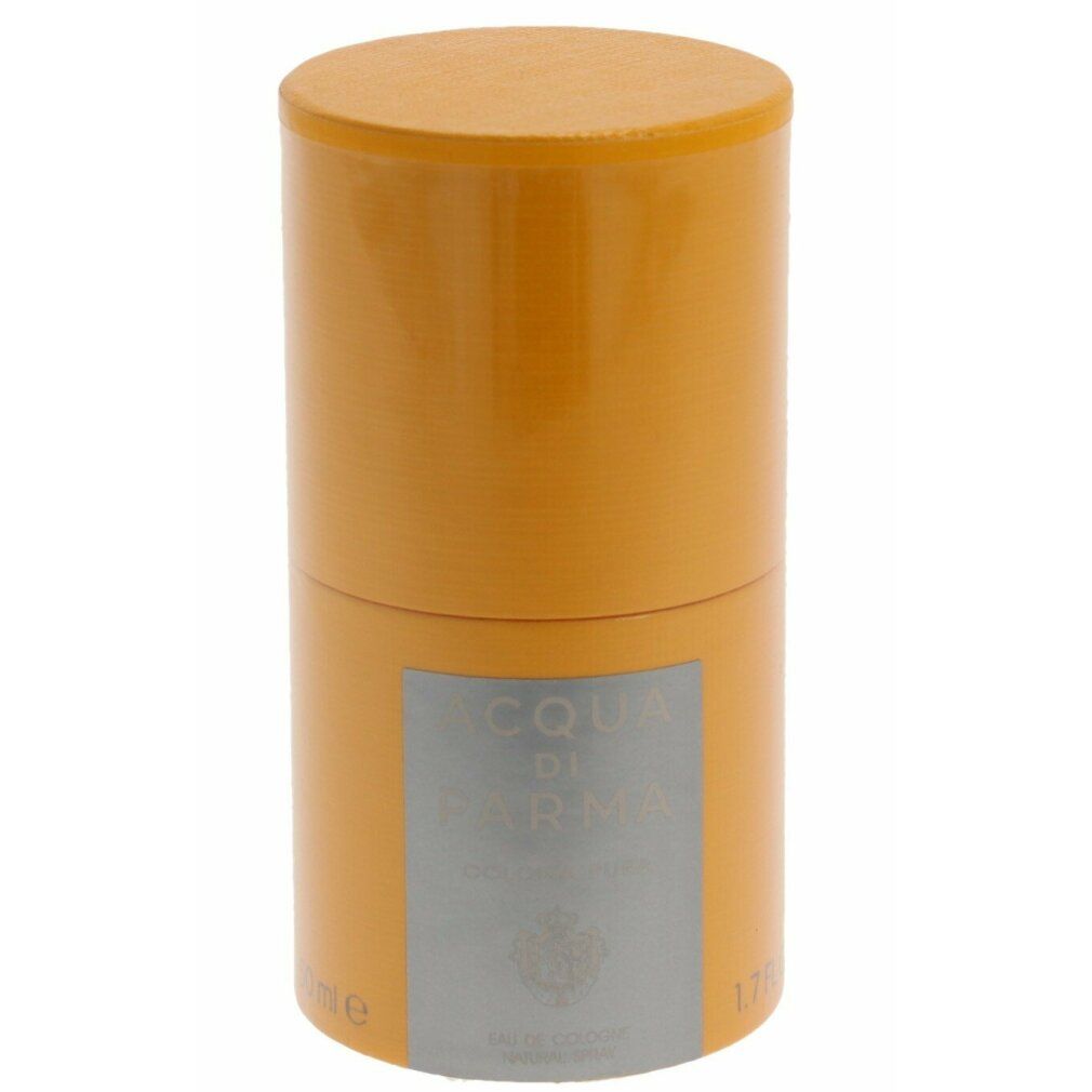 Gelbe zylindrische Verpackung. 'Acqua di Parma Colonia Pura' auf Etikett.