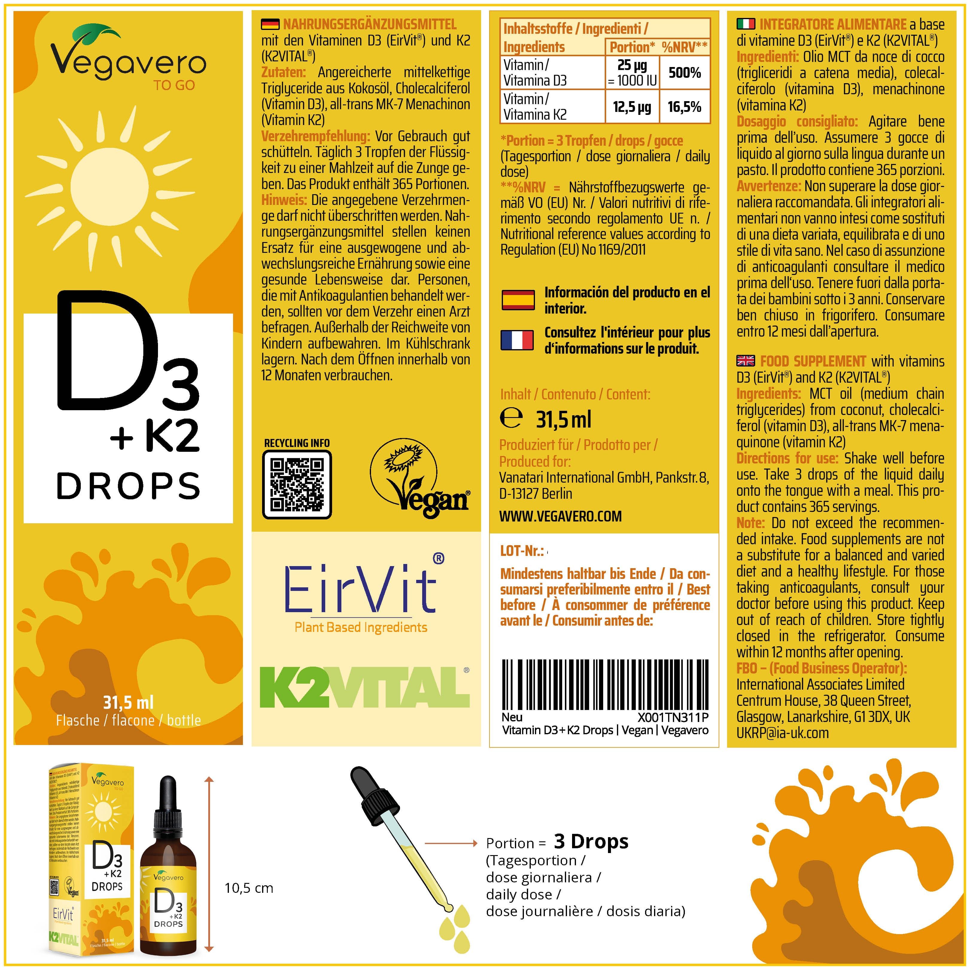 Rückseite der Verpackung von Vegavvero Vitamin D3+K2 Tropfen mit Nährwertangaben und Siegeln.