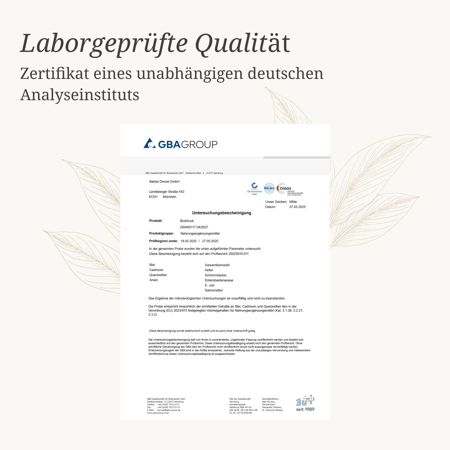 Zertifikat eines deutschen Analyseinstituts. Text in deutscher Sprache, mit Logo der GBA Group.
