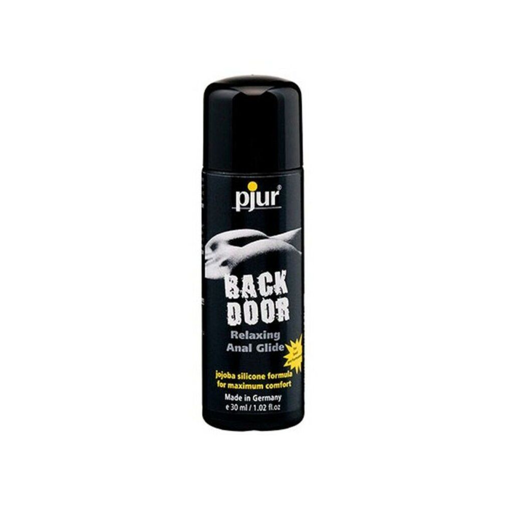 Schwarze Flasche mit schwarzem Deckel. Aufschrift: pjur, BACK DOOR, Relaxing Anal Glide, Jojoba silicone formula, 30 ml. Made in Germany.