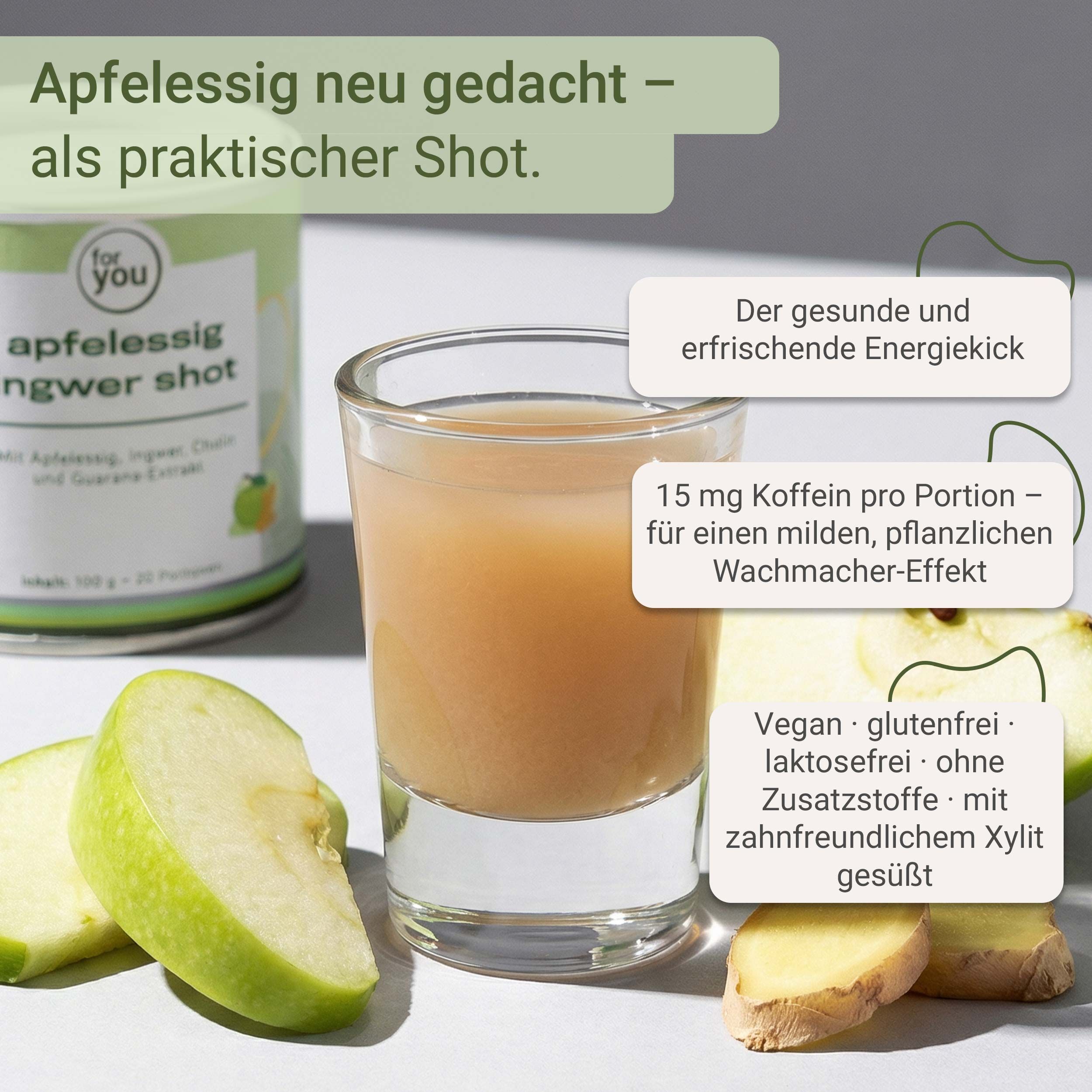 Dose Apfelessig Ingwer Shot Pulver, Rückseite mit Nährwertangaben.