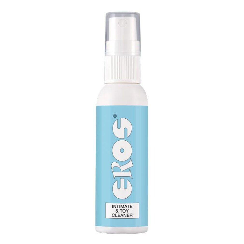 Eros Intimate & Toy Cleaner Sprühflasche mit blauem Etikett.