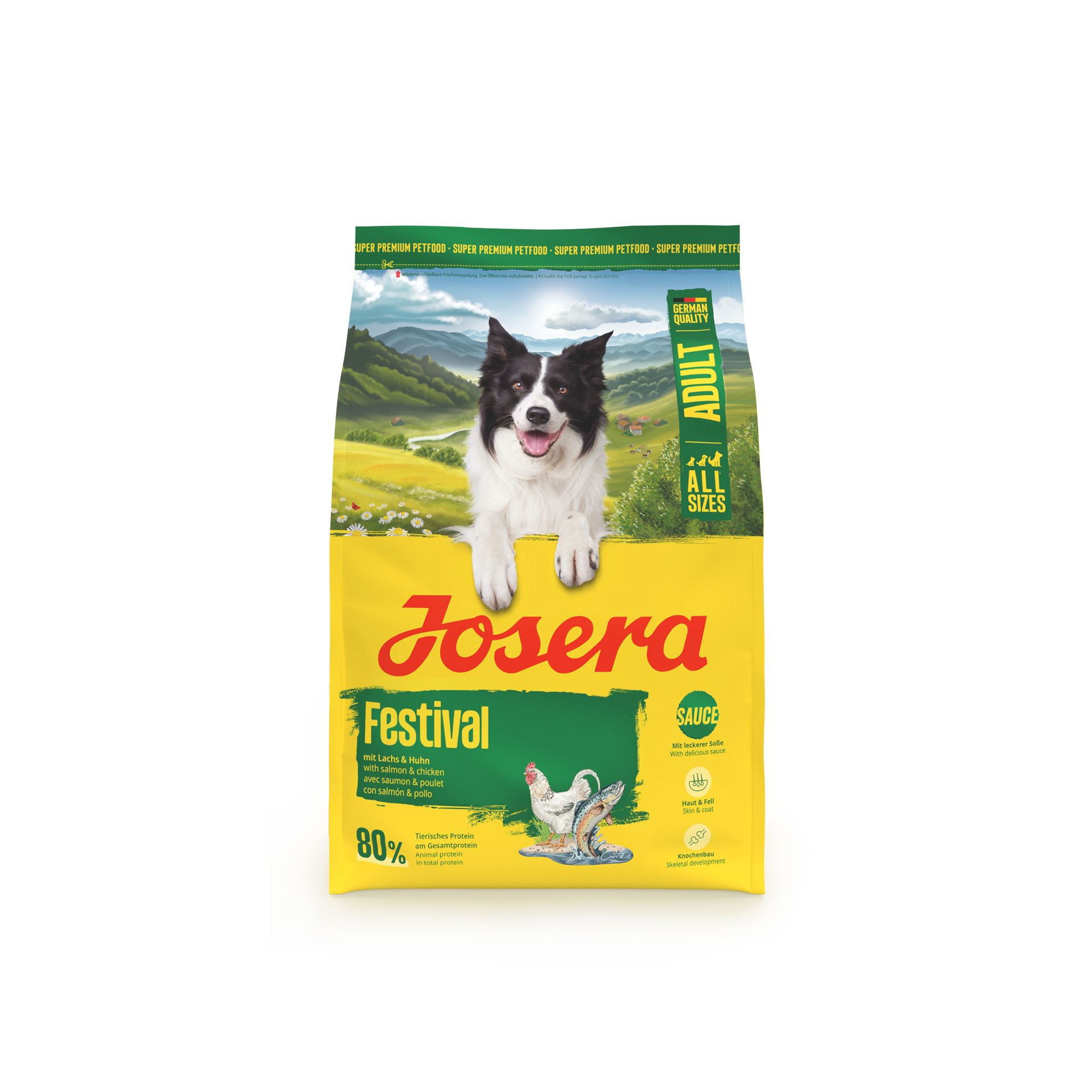 Josera Festival Hundefutter-Sack mit einem Border Collie, der über den Sack lugt. Gelb mit grünen und roten Akzenten.