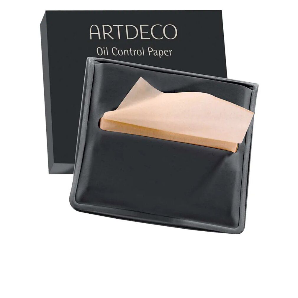 Schwarze Verpackung mit Artdeco Oil Control Paper. Geöffnete schwarze Halterung mit Papiertüchern.