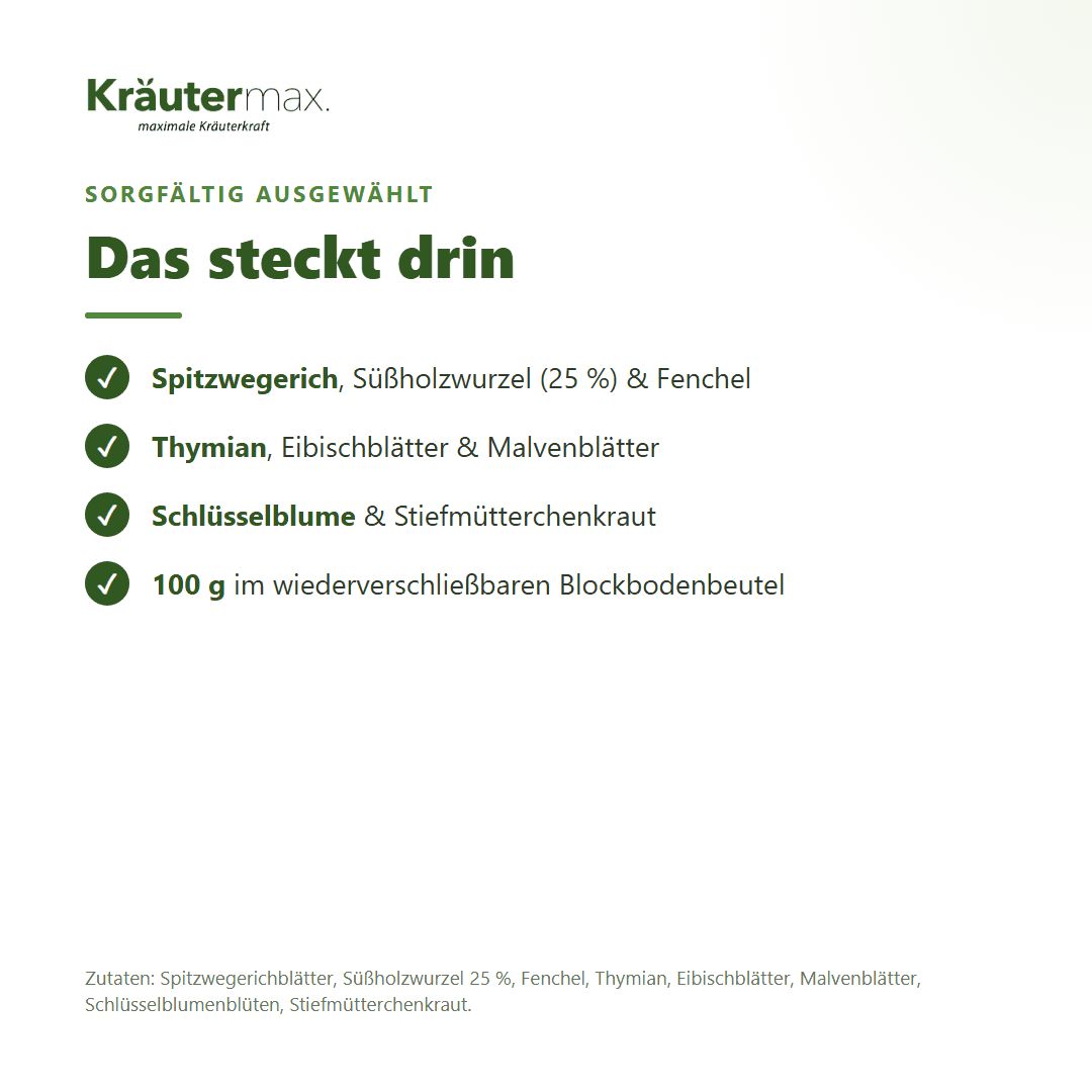 Kräutermax Halswärmer Tee: Zutaten wie Spitzwegerich, Süßholzwurzel (25%), Fenchel, Thymian.