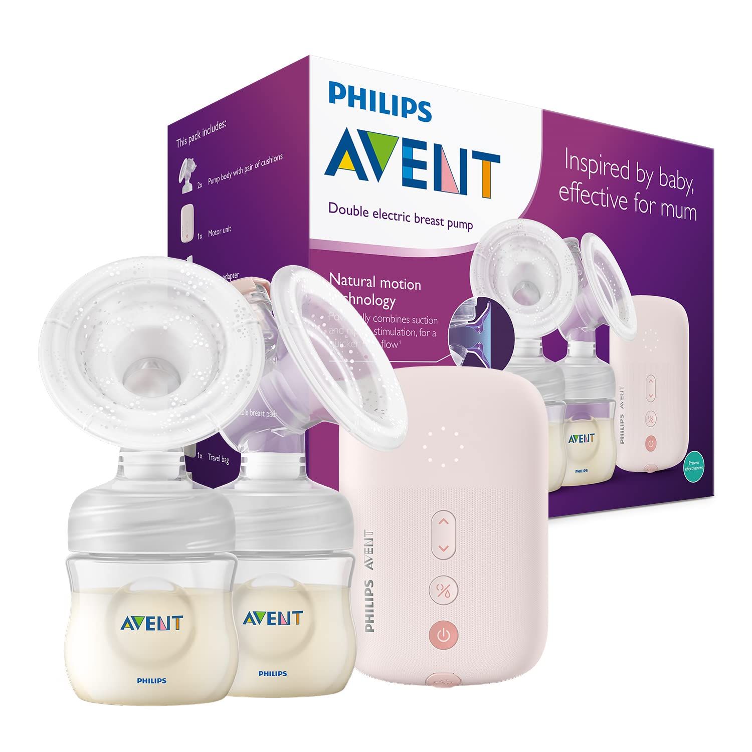 Doppelmilchpumpe mit Flaschen und Verpackung. Rosa Pumpe, transparente Flaschen. Philips Avent Logo.