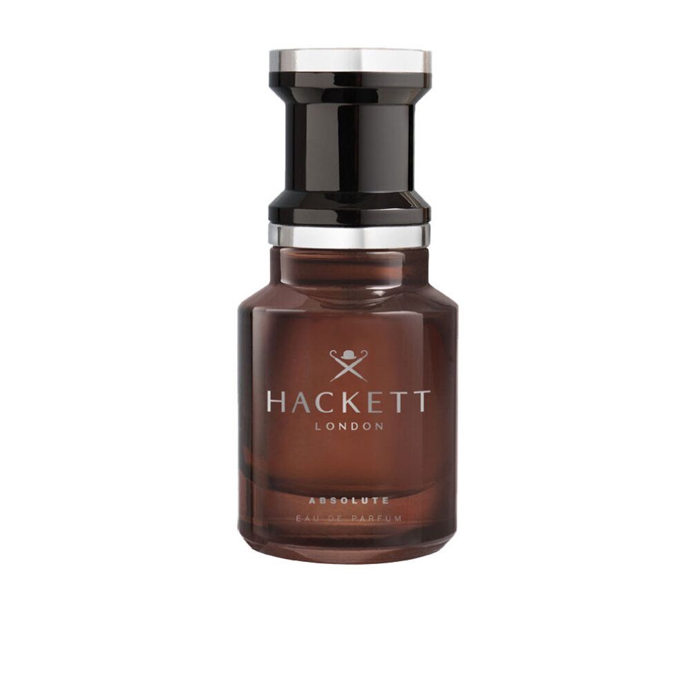 Braune Flasche mit silbernem Deckel. Aufschrift: Hackett London, Absolute Eau de Parfum.