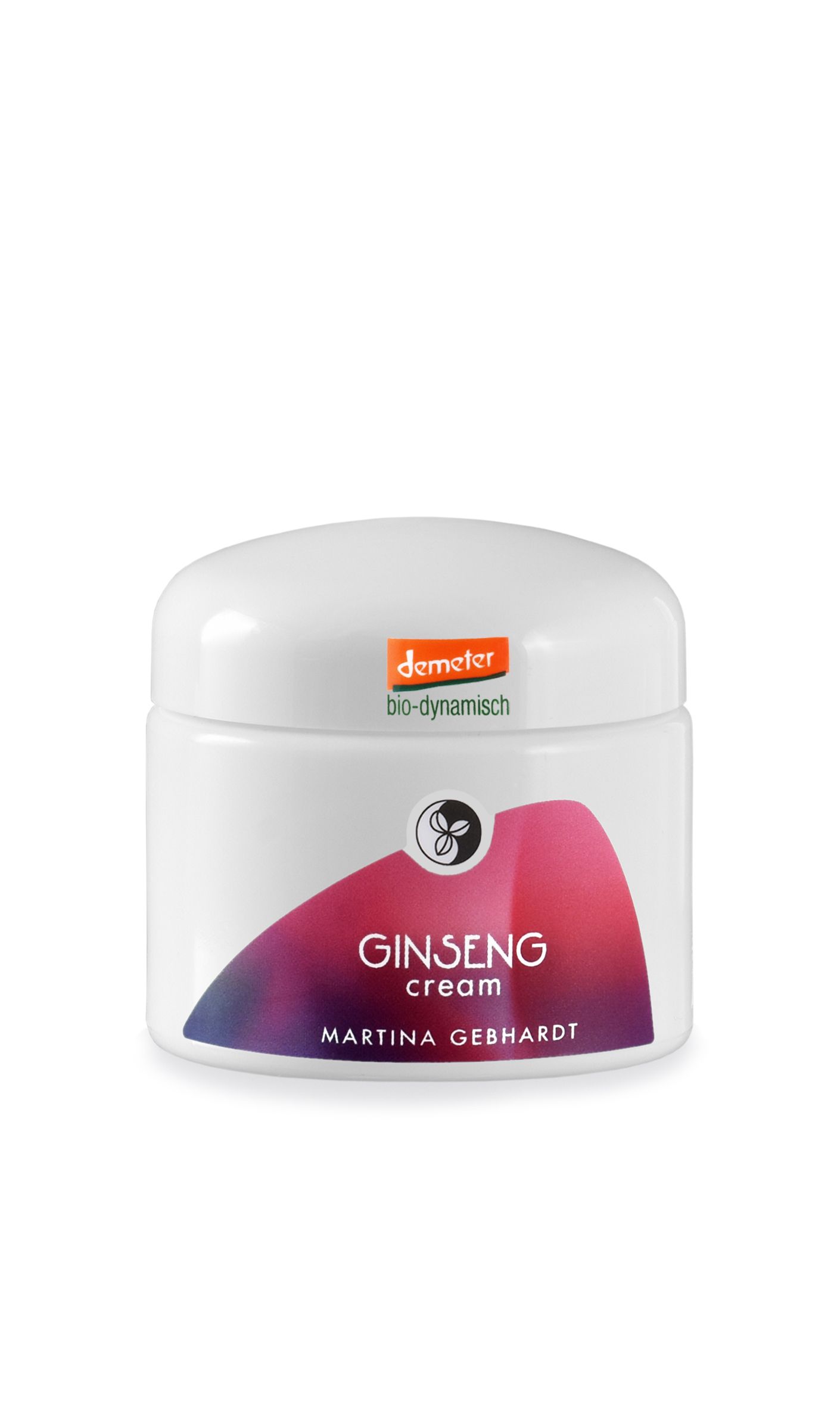 Weißer Tiegel mit Deckel. Aufkleber mit Produktnamen und Logo. Demeter-Siegel. Aufschrift: Ginseng Cream, Martina Gebhardt.