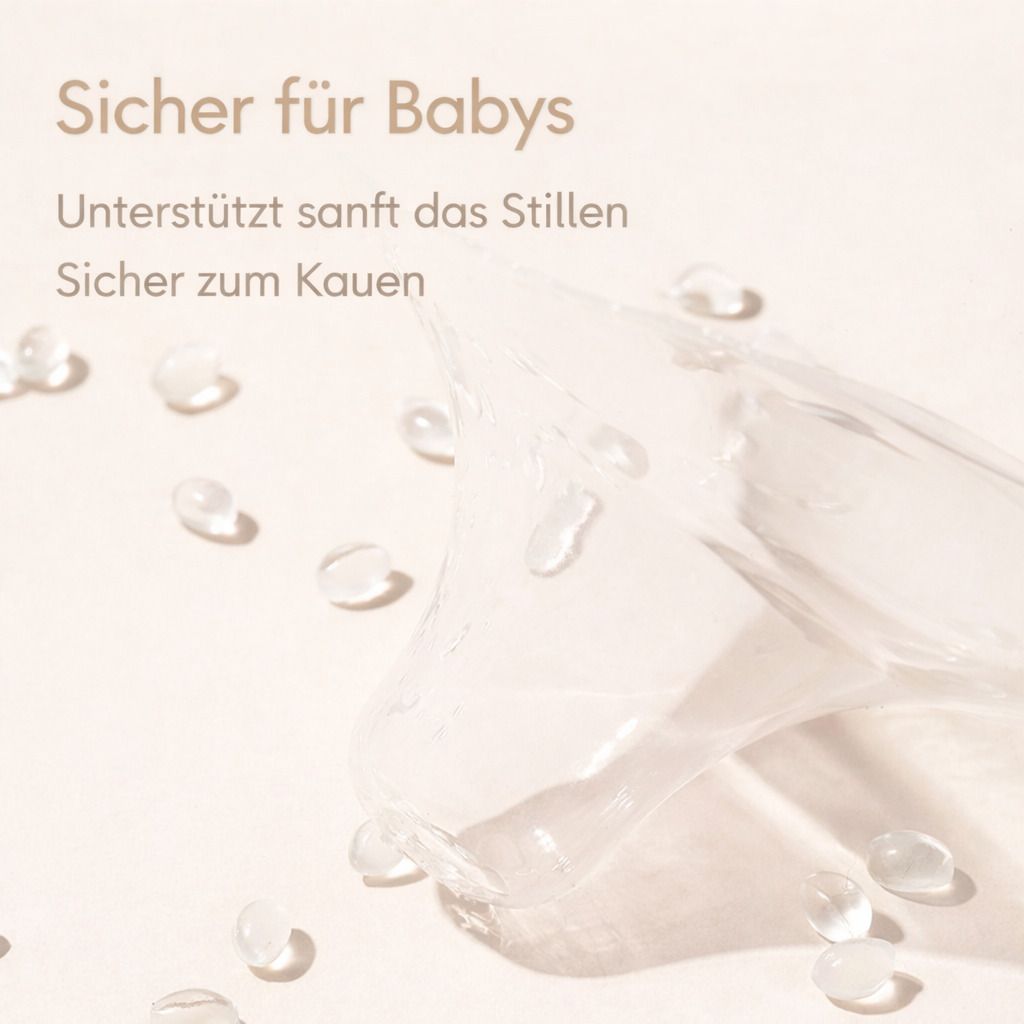 Stillhütchen und kleine, transparente Tropfen. Text: Sicher für Babys. Unterstützt sanft das Stillen. Sicher zum Kauen.