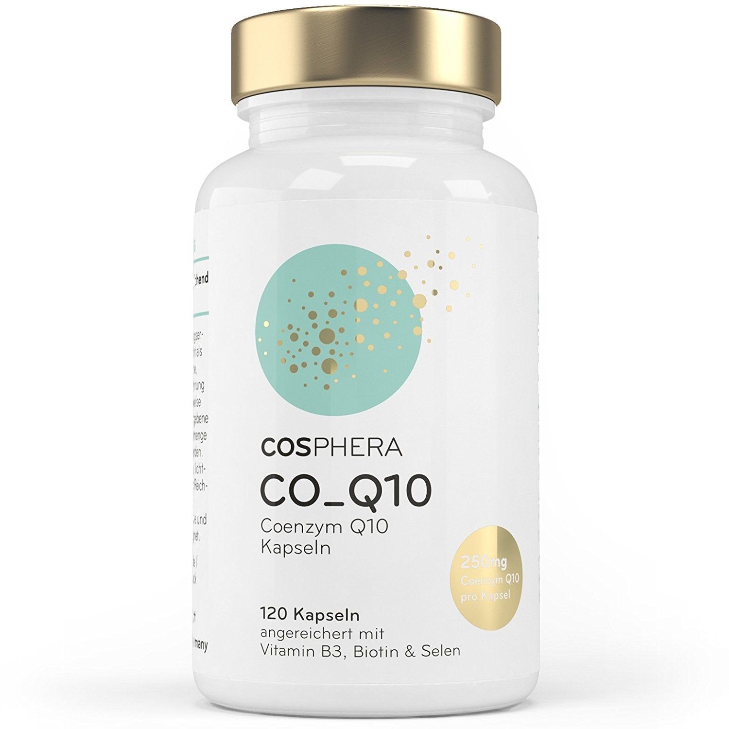 Cosphera Coenzym Q10 Kapseln: Flasche mit goldenem Deckel und runden Etikettendesign.