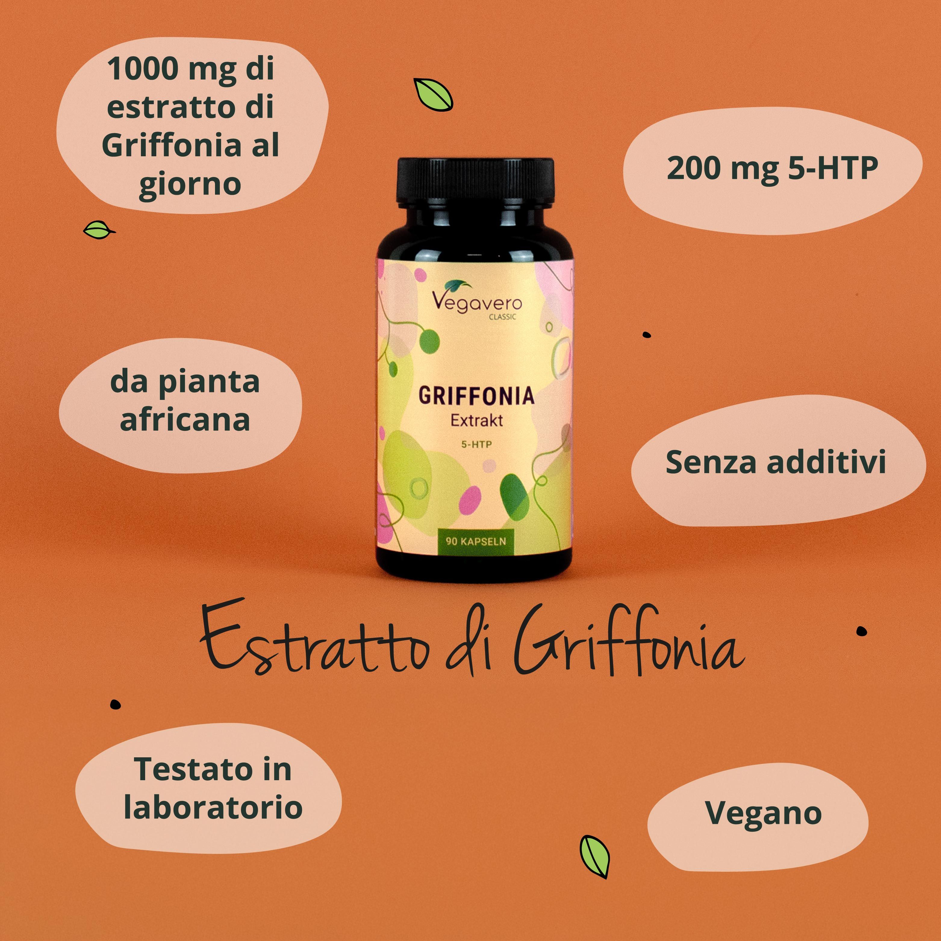 Flacone verde con tappo nero. Scritta: Griffonia Extrakt 5-HTP. Marchio: Vegavaro Classic. Ulteriori informazioni intorno al flacone.