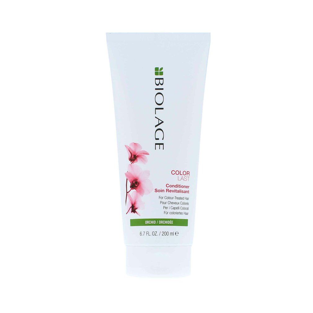 Weißer Conditioner-Tuben mit Matrix Biolage-Logo, ColorLast-Text und Orchideen-Illustration.
