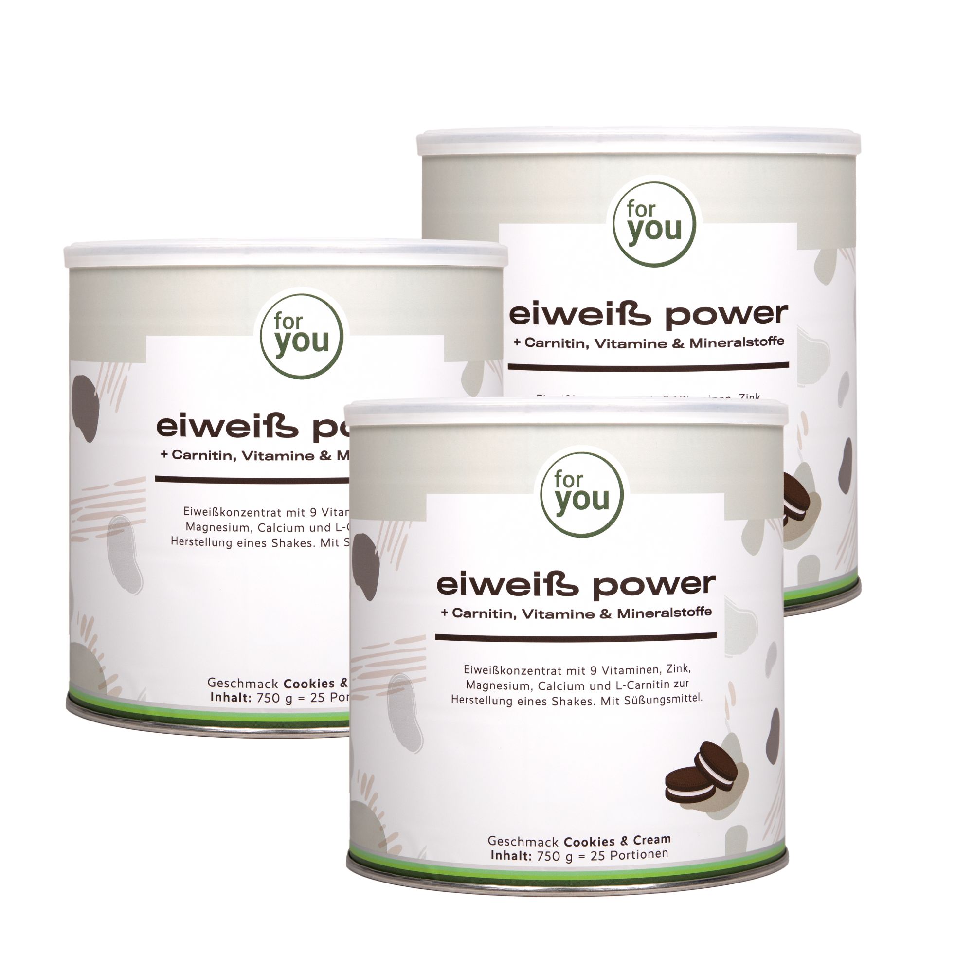 Drei Dosen des Produkts Eiweiß Power Cookies & Cream.