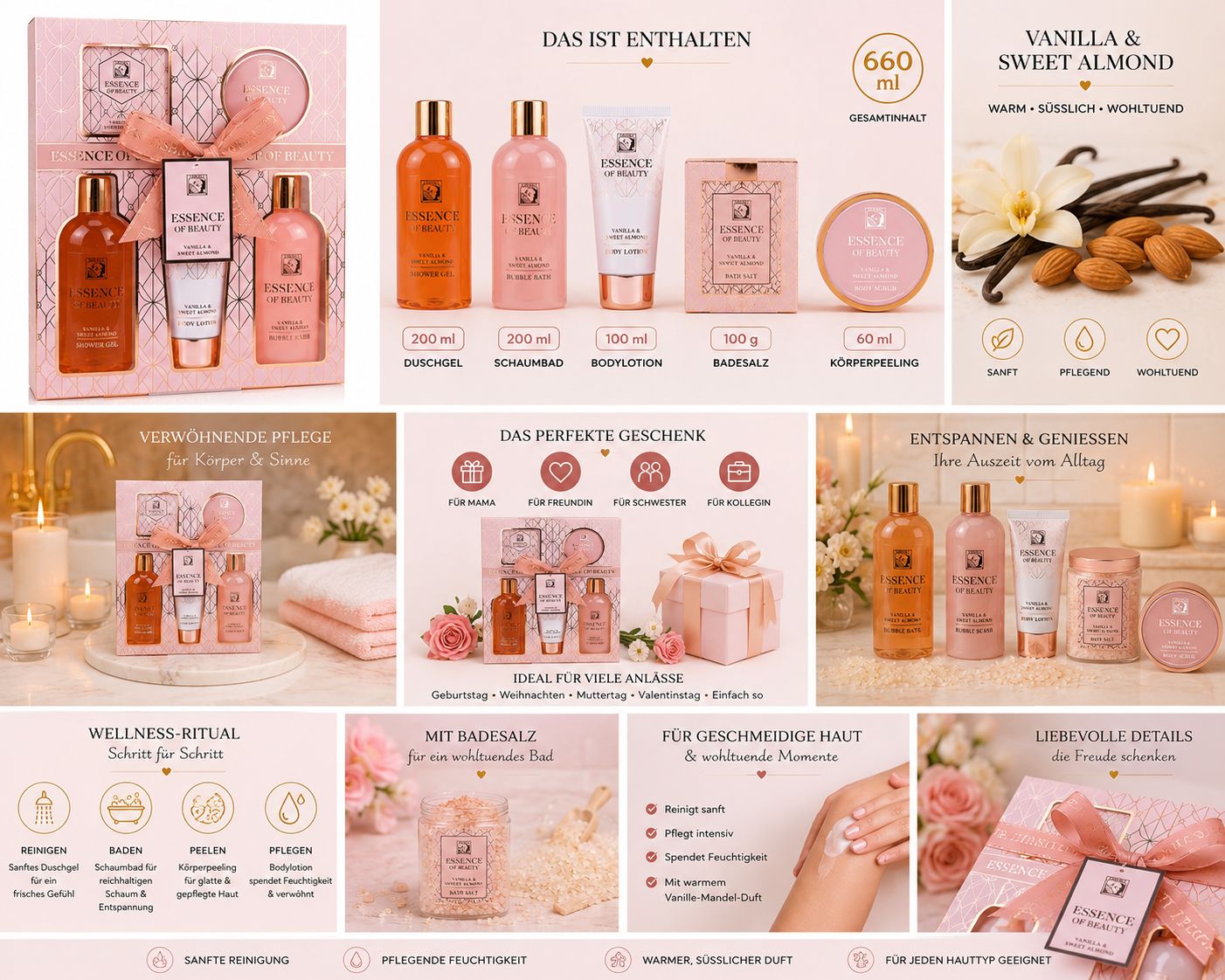 Accentra Badeset Essence of Beauty Vanilla & Sweet Almond Geschenkset mit Duschgel, Schaumbad, Bodylotion, Badesalz und Körperpeeling.