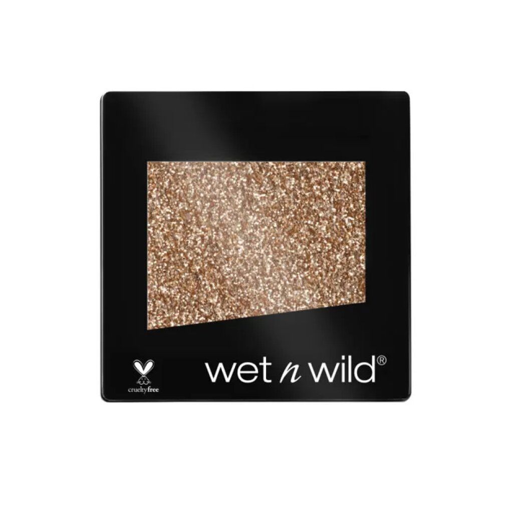 Quadratischer Lidschatten mit goldfarbenem Glitzer. Schwarze Verpackung mit "wet n wild" und Cruelty Free Logo.
