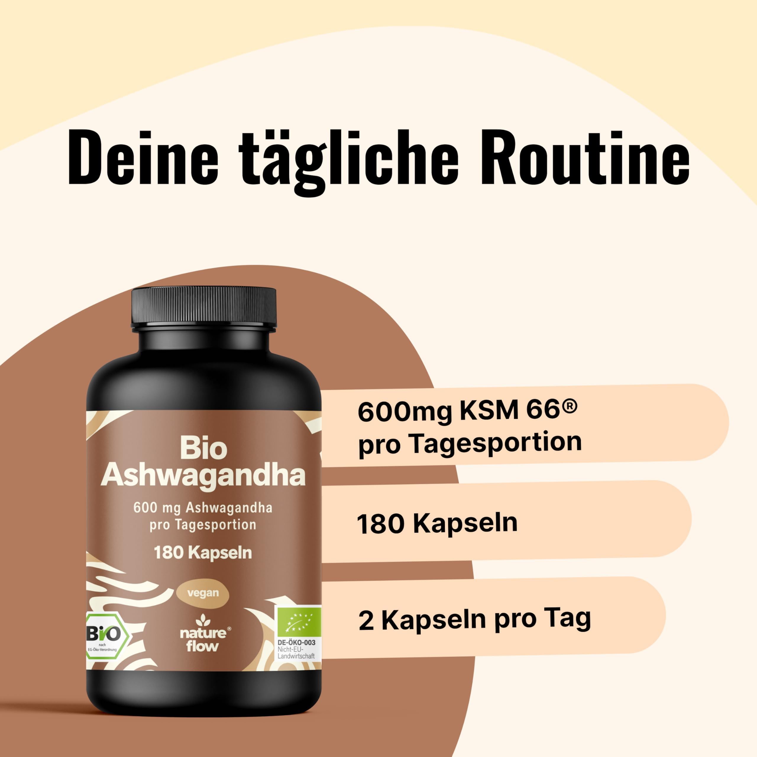 Bio Ashwagandha Hochdosiert - 180 Kapseln - KSM-66® - 3 Monate Vorrat - Nature Flow