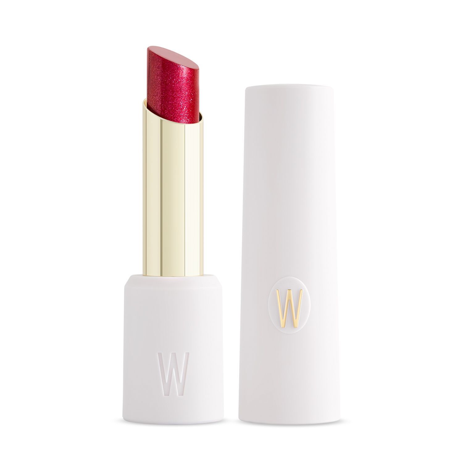 Rossetto rosso con astuccio dorato e cappuccio bianco. Il cappuccio ha un logo "W" dorato.