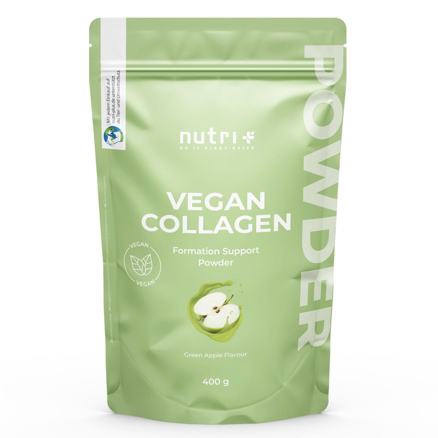 Grüne Beutel mit „nutri+ Vegan Collagen Formation Support Powder“. Apfel-Illustration. 400g. Vegan-Siegel.
