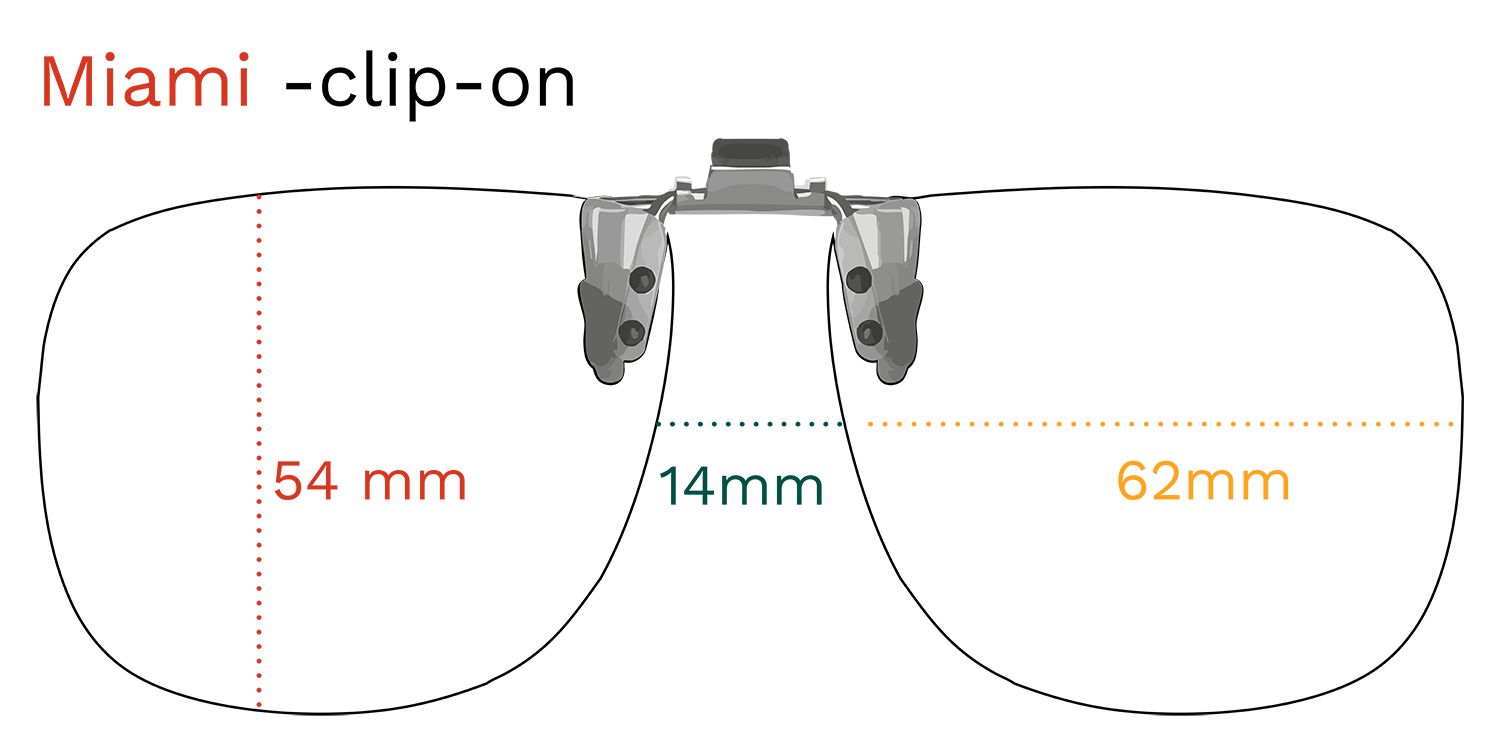 Miami Clip-on-Sonnenbrille. Maße: 54 mm, 14 mm, 62 mm. Graue Gläser, silberner Clip.