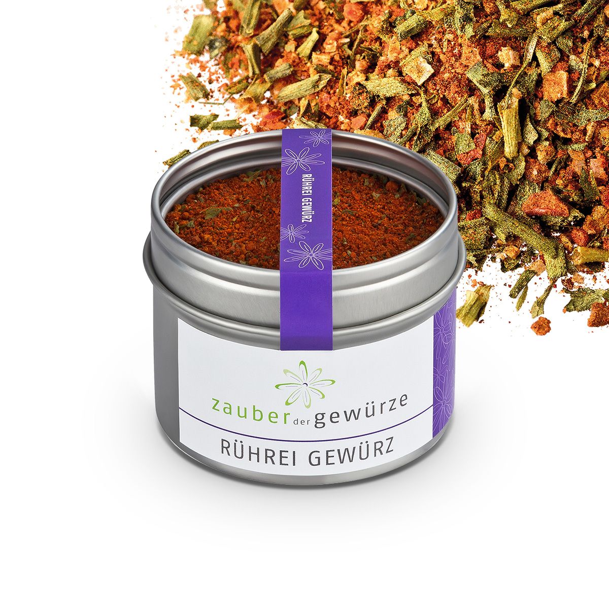 Gewürzdose mit Aufschrift 'Zauber der Gewürze Rührei Gewürz'. Zylindrische Dose, silberfarben, mit lila Band und floralem Muster.