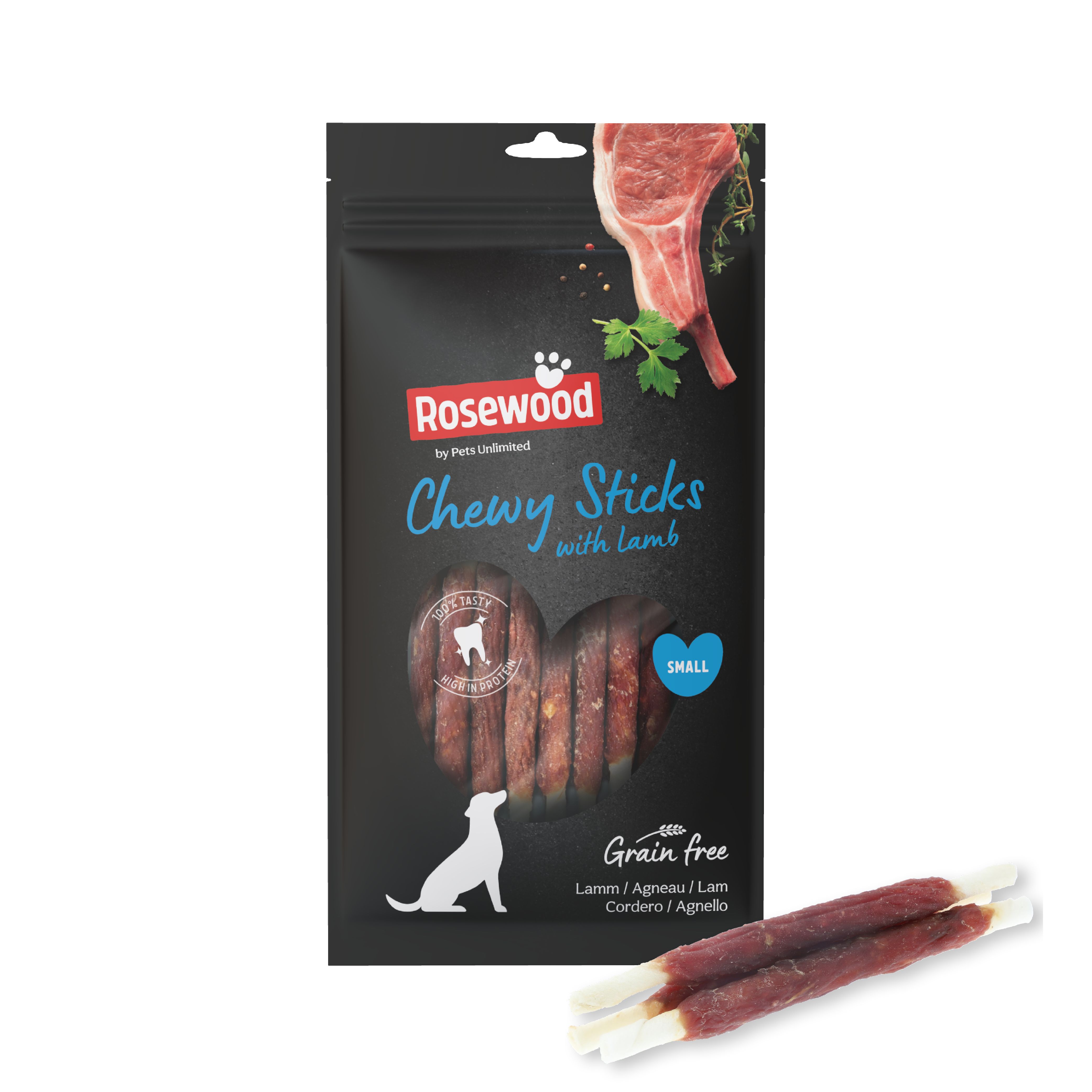 Rosewood Chewy Sticks mit Lamm in schwarzer Verpackung. Produktname und Logo sichtbar. Kleine Sticks daneben.