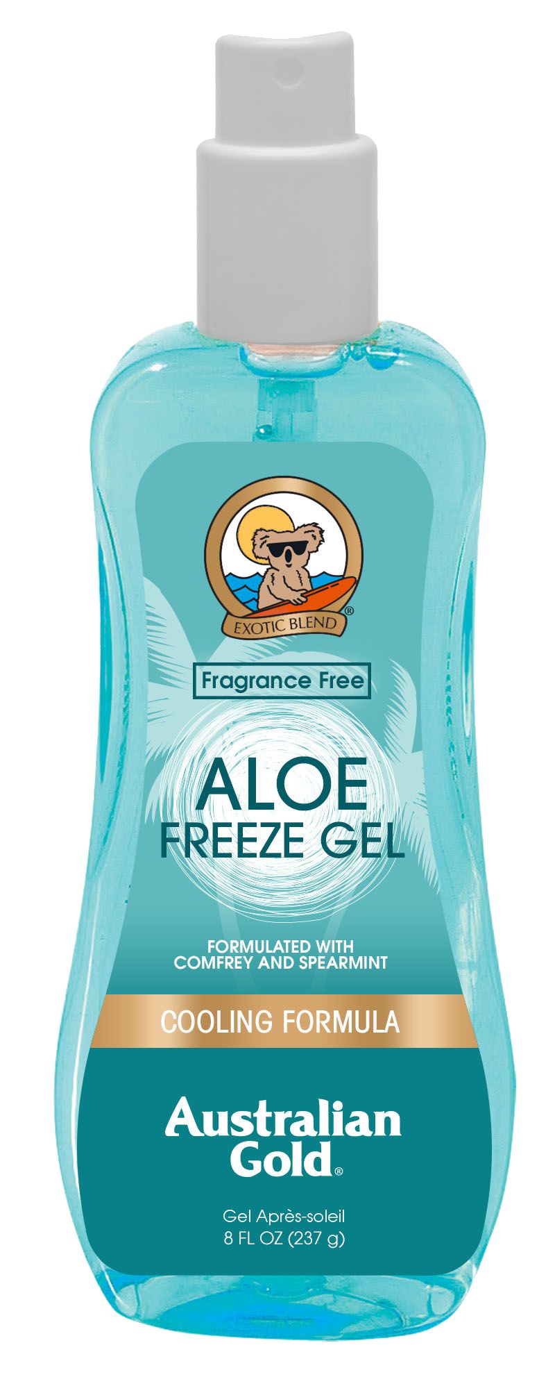 Türkisblaue Sprühflasche mit weißem Sprühkopf. Aufschrift: Aloe Freeze Gel, Australian Gold. Mit Logo.