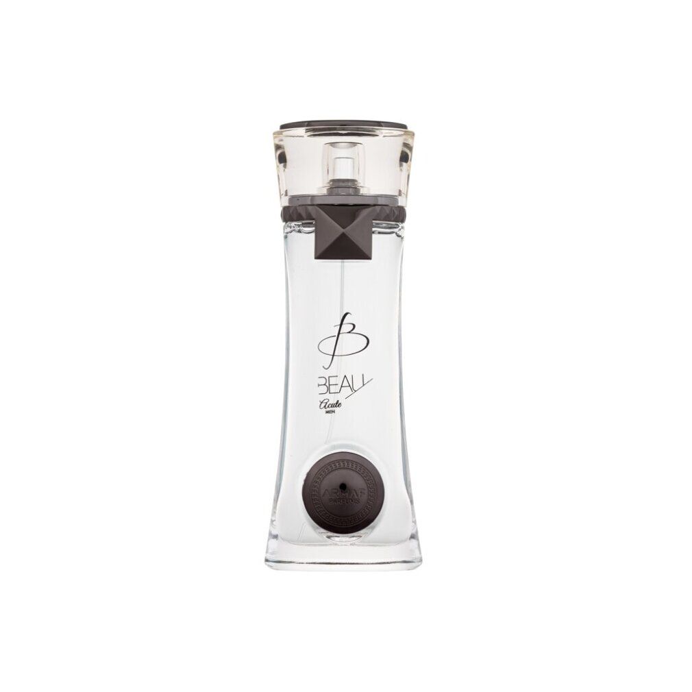 Parfümflasche mit transparentem Verschluss. Text: Beau Acute. Runde Basis.