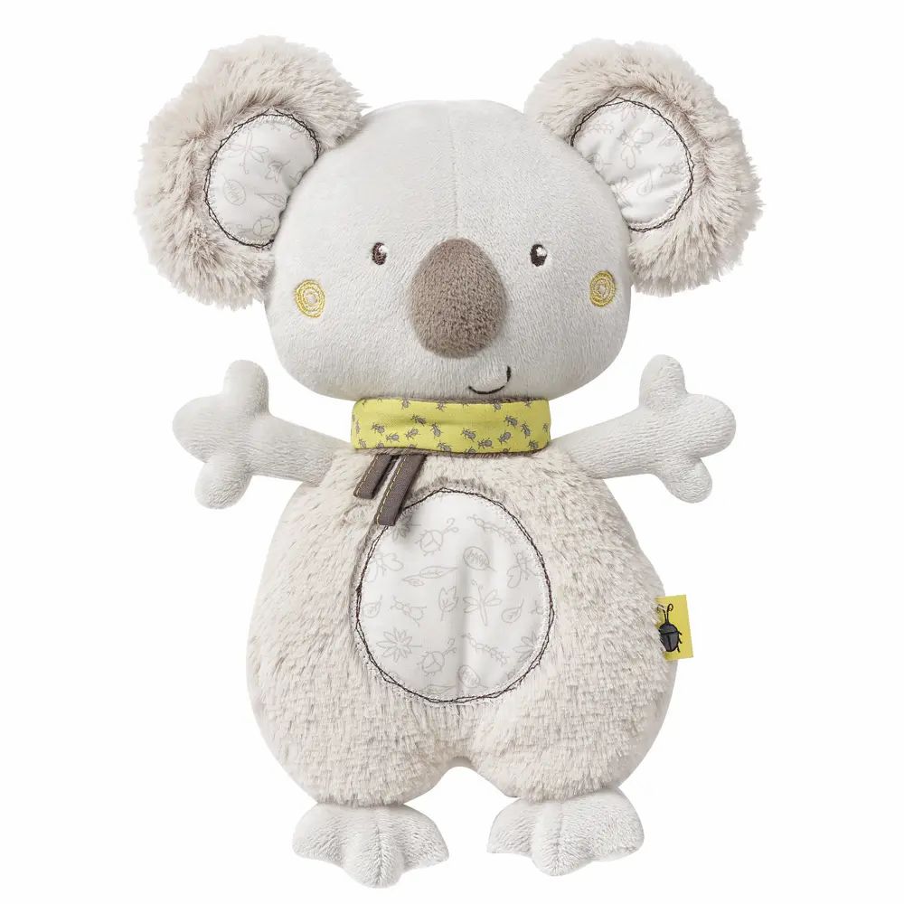 Koala-Kuscheltier mit gelbem Halstuch. Graue Farbe, runde Form, offene Arme. Gelbes Etikett mit Käfer.