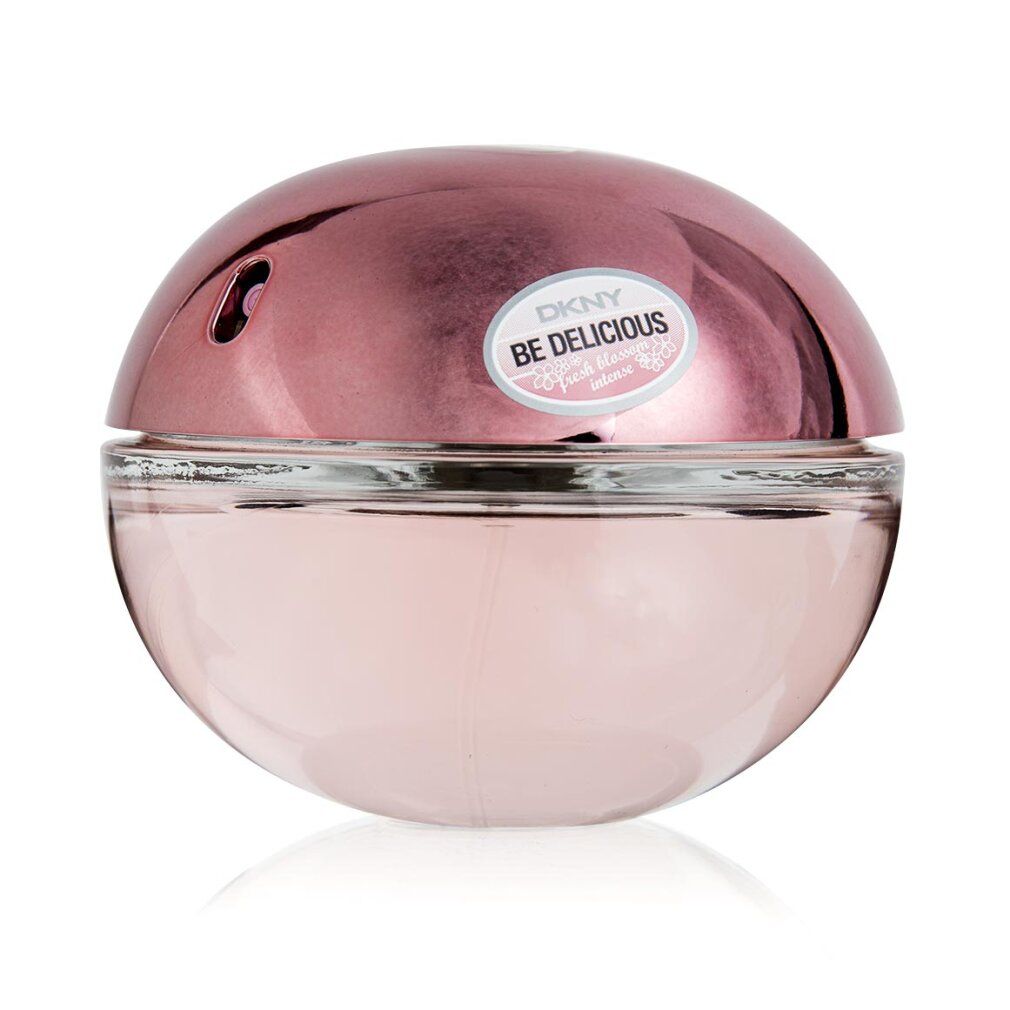 Runder Flakon mit roségoldfarbenem Deckel und rosa Flüssigkeit. Aufkleber mit DKNY Be Delicious Fresh Blossom.